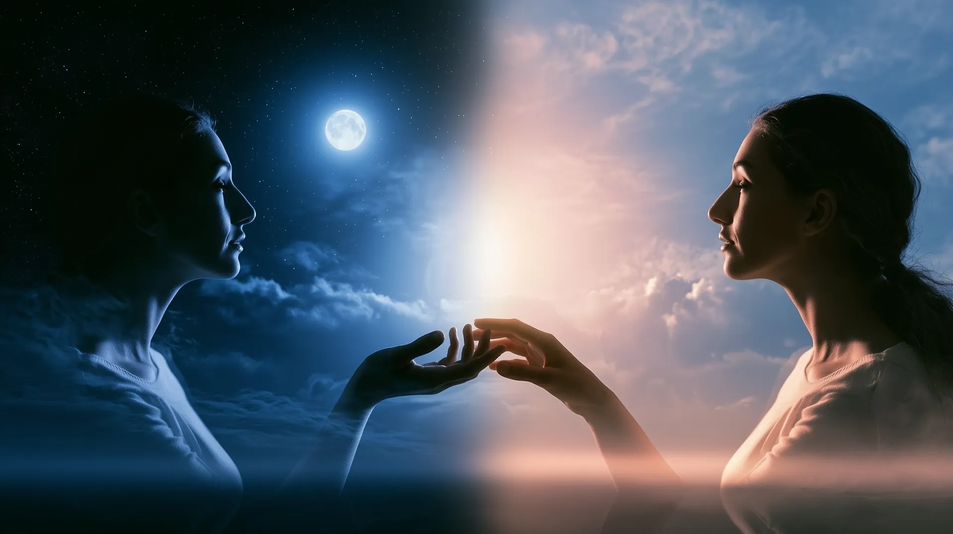 Two women face each other in profile, one under a moonlit night sky, one in a dawn sky; their hands almost touch in a glow of light between them.